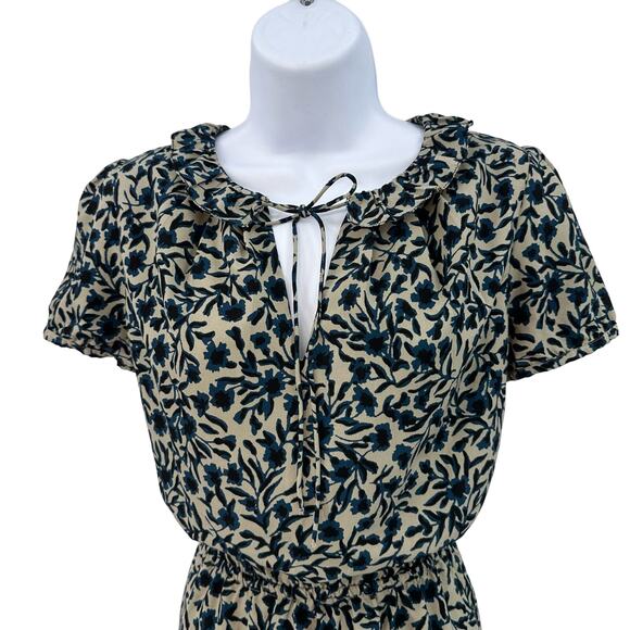 Ann Taylor LOFT Tan/Blue/Black Knee Length Floral Dress WMNS M Ruffle Tie Neck - Picture 6 of 12